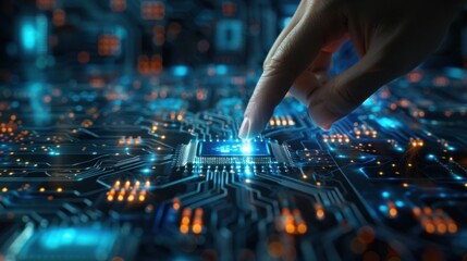Obraz premium Hand touch a circuit board CPU processor microchip technology. Generated AI image