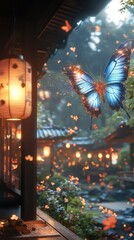 Tranquil Asian garden, large blue butterfly, lanterns