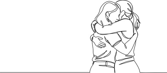 continuous single line drawing of two young women hugging, line art vector illustration