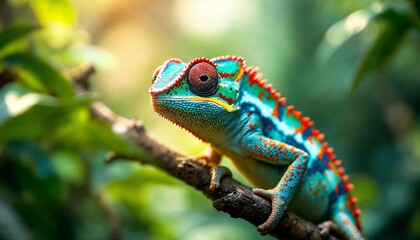 Fototapeta premium Vibrant Chameleon on Branch in Lush Tropical Forest