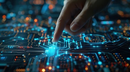 Hand touch a circuit board CPU processor microchip technology. Generated AI image