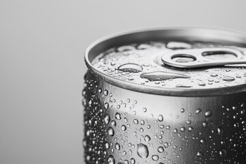 A close up of a metal beverage can covered in water droplets