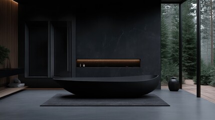 Modern, minimalist bathroom with dark tones, featuring a free-standing, black soaking tub and natural light.  The bathroom seamlessly integrates with a forest view