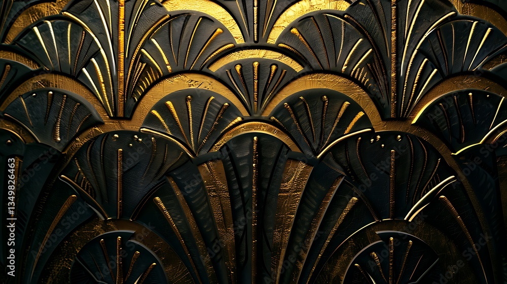 Poster luxurious art deco background pattern with golden metallic fan shapes and arches on a dark textured 