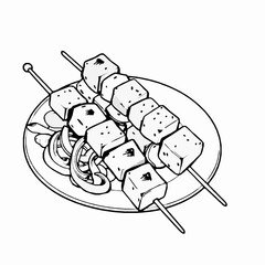  black outline vector of a plate of paneer tikka skewers with grilled capsicum and onion