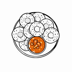 black outline vector of a plate of kachori with a side of spicy tamarind chutney