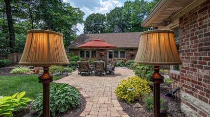Backyard patio with outdoor furniture, garden, lamps, and house