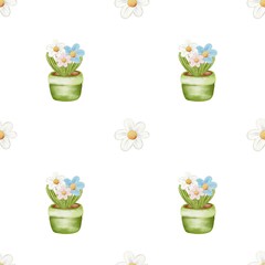 Beautiful flower pattern featuring daisies and tulips in flowerpots on a white background