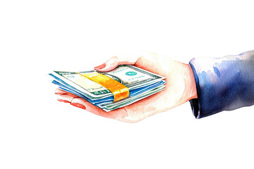 A hand holds a stack of money wrapped with a band, showcasing various denominations of bills.