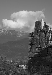 Old stone building in black and white 
