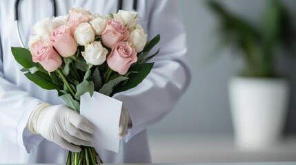thanking healthcare workers, a nurses desk adorned with a bouquet and a thank-you card, expressing gratitude for international nurses day