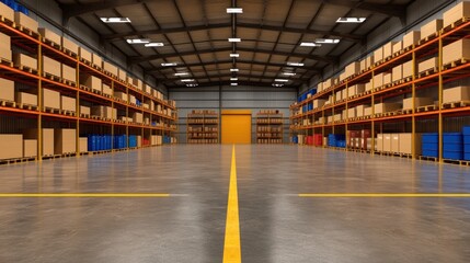 Vast Warehouse Interior: Rows of Storage Racks Filled with Cardboard Boxes and Industrial Supplies