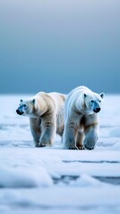 Obraz premium Two polar bear walking together endless field of snow ice their fur ruffled Arctic breeze sky above soft gradient of blue white creating peaceful yet powerful wildlife scene Ultra HD detailed texture