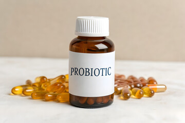 Brown Glass Bottle of Probiotic Supplements with Amber Pills, Intestinal Flora Enhancement