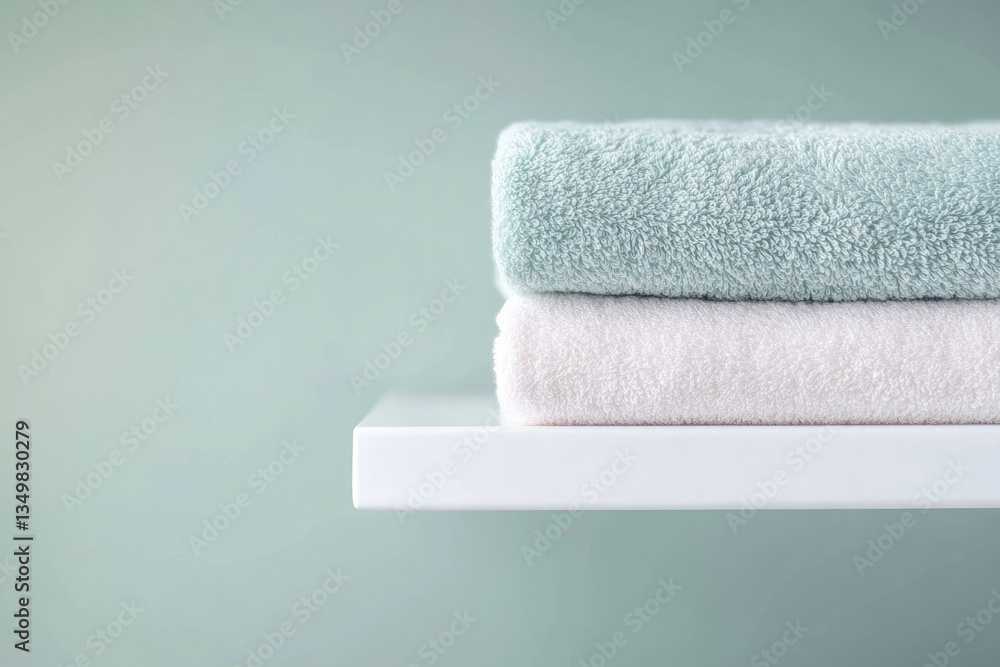 Poster close-up of neatly folded stack of pastel-colored towels on pristine white laundry shelf with ample 