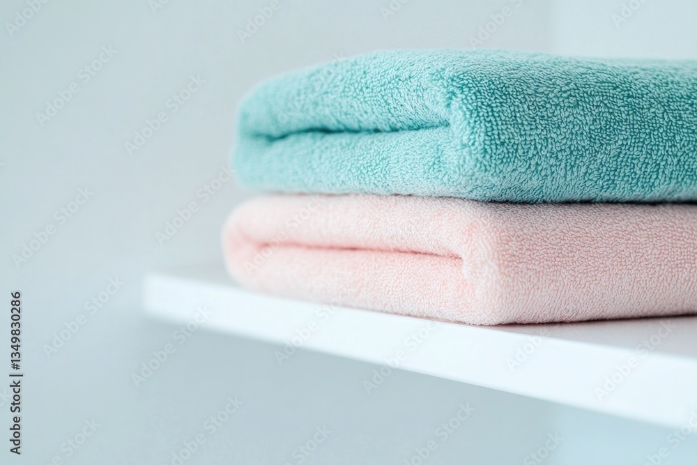 Poster close-up of neatly folded stack of pastel-colored towels on pristine white laundry shelf with ample 