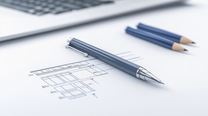 Blueprint design mockup, precision engineering with pencil and laptop on desk enhance