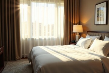 Sunlight streams through sheer curtains onto a neatly made hotel bed , curtains, decor