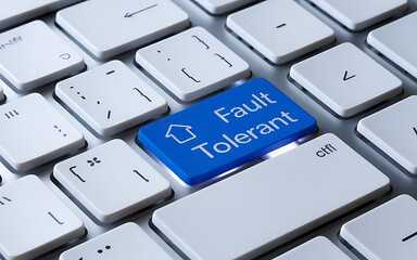 Fault Tolerant Computing Concept on a Keyboard Key, system reliability, high availability, data redundancy, disaster recovery, failover system, IT infrastructure, cloud computing, business continuity.