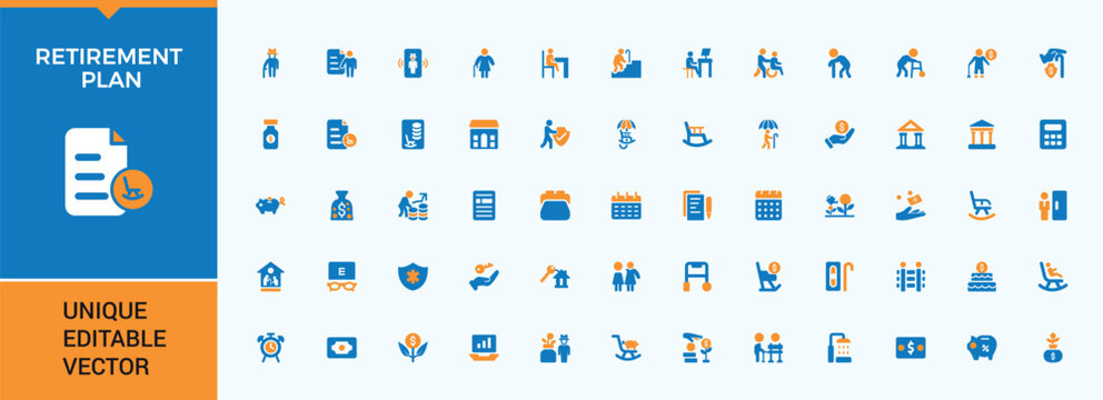 Retirement Plan colorful icon set in filled style. Related to insurance, pensioner, deposit, old, elderly, pension and more. Minimal icons set. Retire icon. Art and illustration.