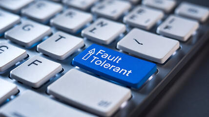 Fault Tolerant Computing Concept on a Keyboard Key, system reliability, high availability, data redundancy, disaster recovery, failover system, IT infrastructure, cloud computing, business continuity.