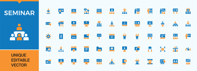 Seminar colorful icon set. Pack of discuss, conference, class, meeting, collaboration, discussion and more. Minimal flat solid web icons set. Classroom icon pack. Editable vector art.