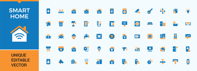 Smart Home colorful simple icon set. Included automation, estate, real, technology, smart, smart house, ai and more. Vector filled icons collection. Home icon set. Editable vector.