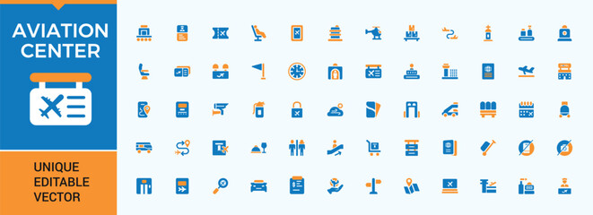 Airport colorful filled icon collection. Featuring airplane, ticket, travel, air, plane and more. Modern flat solid style icons. Aviation icon set. Editable vector. Pixel perfect. © Rubbble
