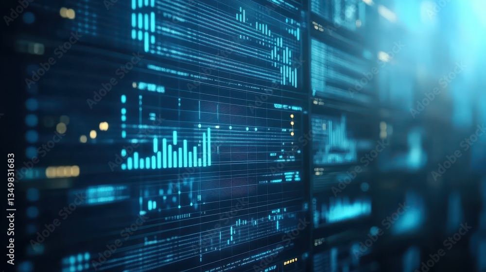 Poster dynamic data flow on vibrant blue, exploring trends, insights and information visualization