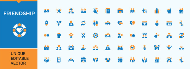 Friendship colorful icon set. Contains such icons as care, team, together, partner, community, human relationships, hand and more. Minimalist vector collections. Friends modern icon. Editable vector.