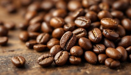 Naklejka premium Roasted Coffee Beans Closeup on Wood Background