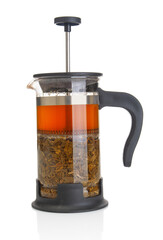 French teapot with fresh tea on a white background