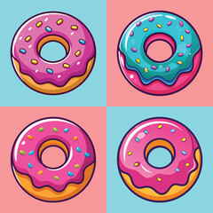 Fototapeta premium Set of Colorful Cartoon Donuts with Frosting and Sprinkles - A collection of four vibrant and playful cartoon donut illustrations with pink and blue frosting, topped with colorful sprinkles. 