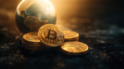 A collection of shiny gold coins representing digital currency sits beside a globe, symbolizing global finance and investment opportunities, Ideal for articles on cryptocurrency or economic themes,