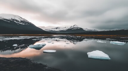 Tranquil Alaskan lake reflecting icy mountains