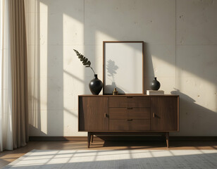 Modern Wooden Cabinet with Frame and Vases in Sunlit Room