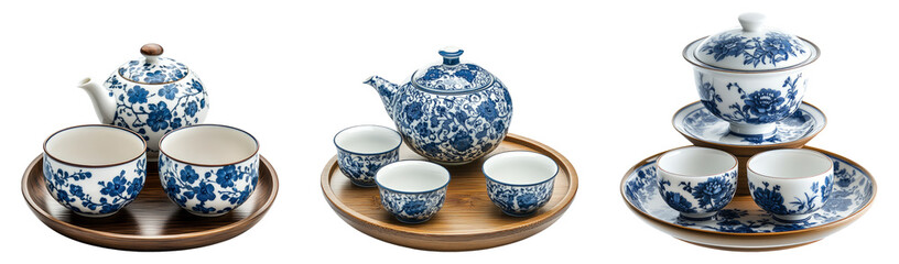 Elegant Blue and White Tea Set Collection on Transparent Background