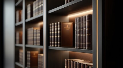 Obraz premium Elegantly arranged books on dark shelves with warm lighting, creating a sophisticated and studious atmosphere.