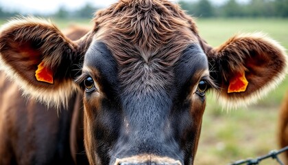 Closeup Brown Cow Portrait in Farm Field