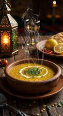 Fototapeta premium Aromatic Lentil Soup with Lemon and Herbs in a Rustic Setting