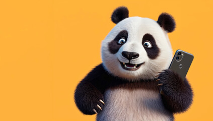 Funny smiling happy panda holding mobile phone.