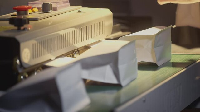 Packaging of roasted brown coffee in a zip pack. Conveyor belt for industrial coffee production. Filling machine. A man packs coffee in a bag