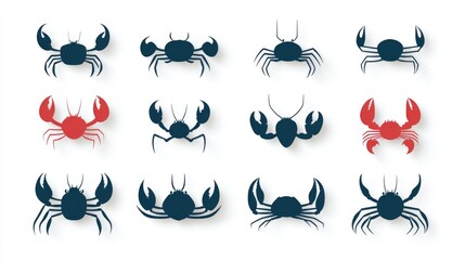 Crab silhouettes, various views, on white background