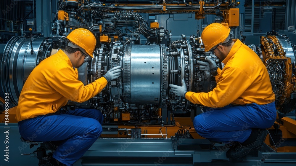 Poster two technicians inspecting an aircraft engine component