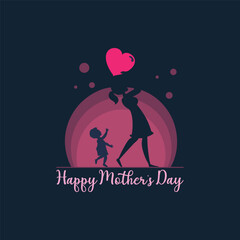 Mother’s Love Illustration With Happy Mother’s Day Neon Silhouette hand drawn lettering design.