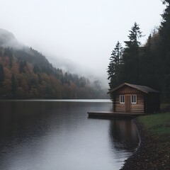 Misty lake cabin, autumn mountains, peaceful retreat
