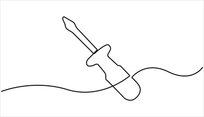 Obraz premium Screwdriver continuous one line drawing. Single line of screwdriver vector illustration. Continuous line drawing of screwdriver. Screwdriver linear icon.