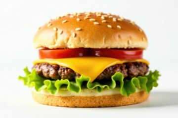 A burger with cheese and sesame seed bun on a white background , dining, dinner