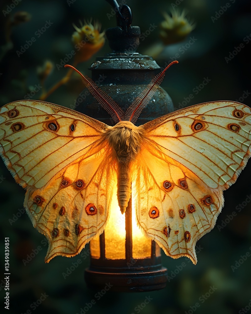 Poster a luminous moth rests on a glowing lantern its delicate wings adorned with intricate patterns