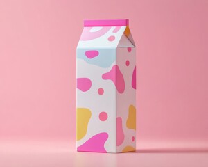 Colorful Milk Carton: A vibrant milk carton with playful abstract designs, standing isolated against a soft pink background.
